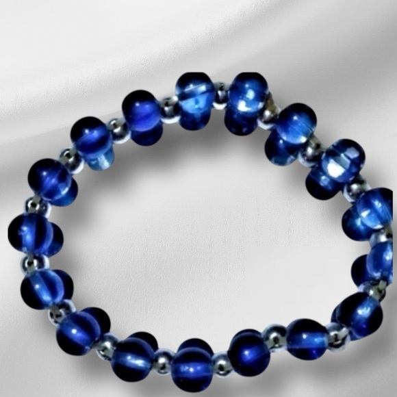 Ladies Beautiful Stretch Bracelet with Two Rows of Beads in a Rich Deep Blue - Picture 3 of 5